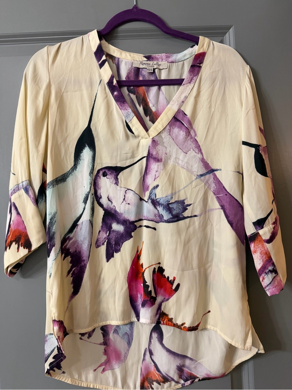 Romantic Cream Floral V-Neck Blouse with Purple Accents